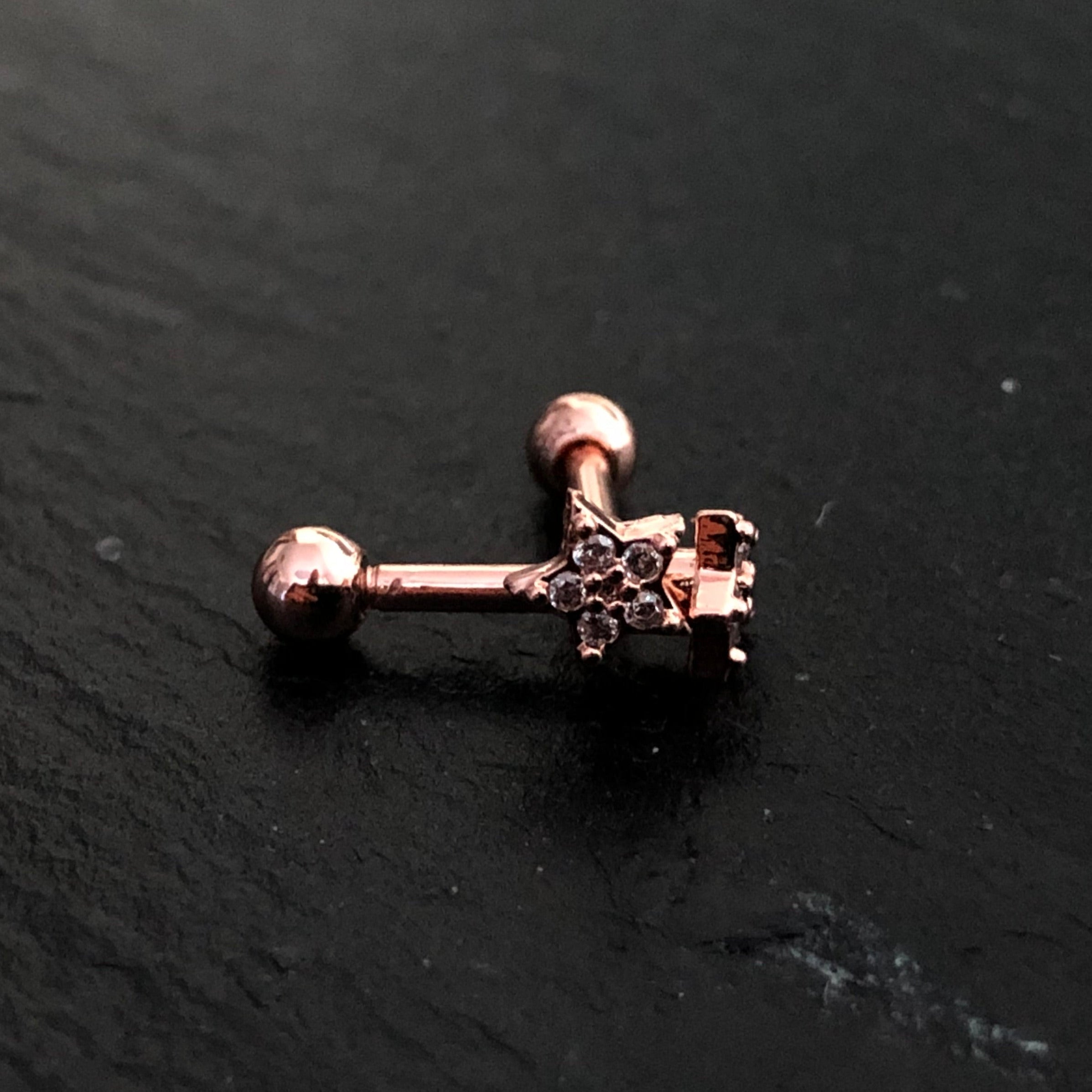 18K Rose Gold Steel Barbell in Star Design with Crystals - CC Crystal Clear