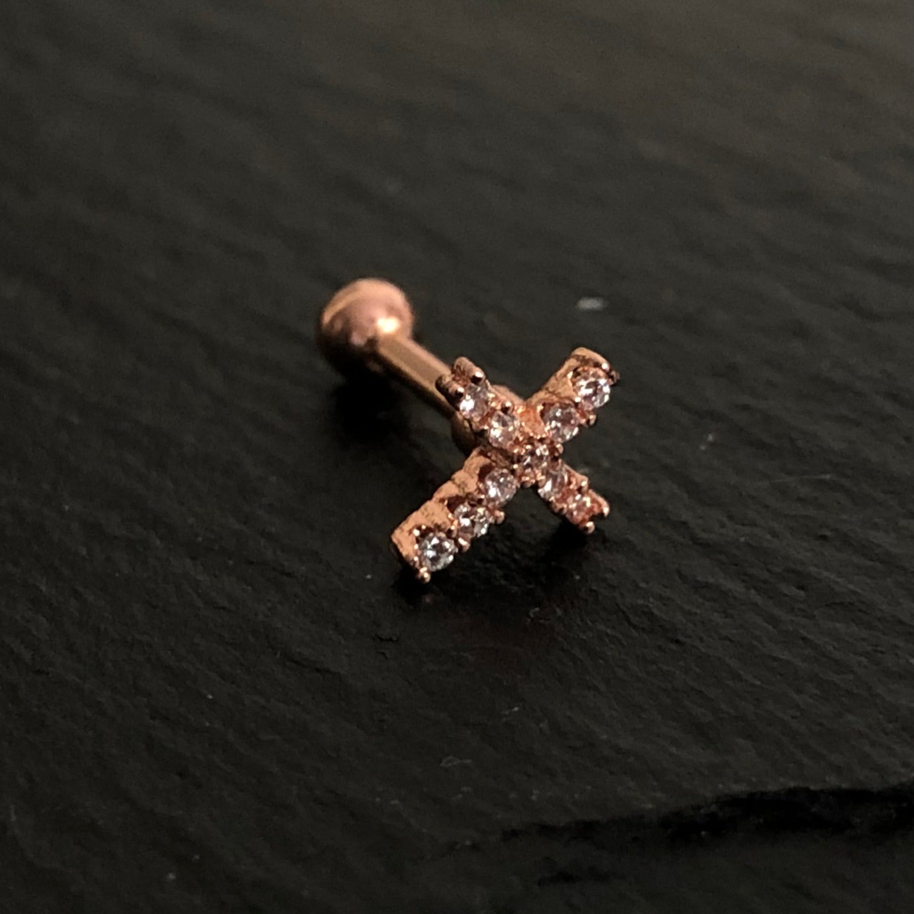 18K Rose Gold Steel Barbell in Cross Design with Crystals - CC Crystal Clear