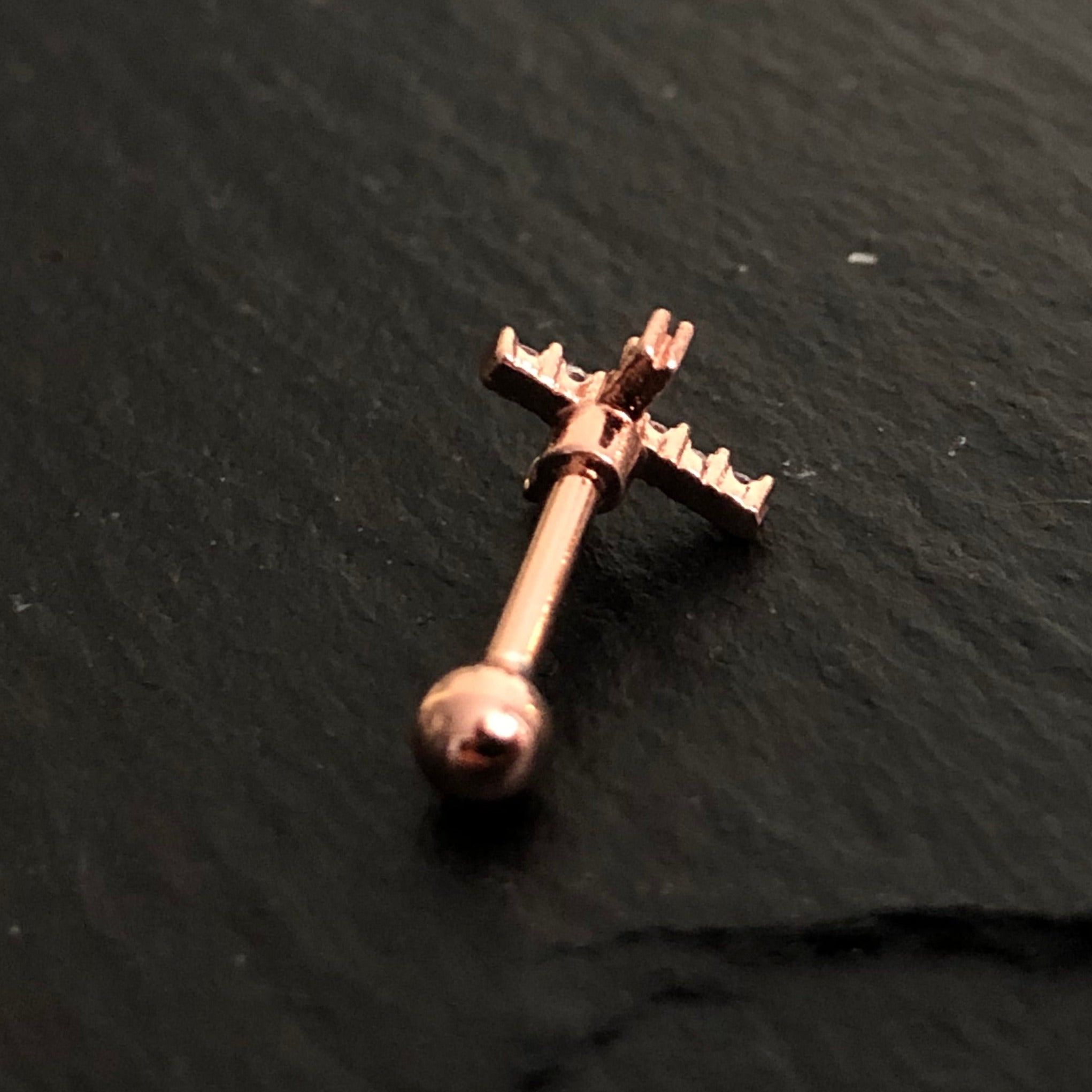 18K Rose Gold Steel Barbell in Cross Design with Crystals - CC Crystal Clear