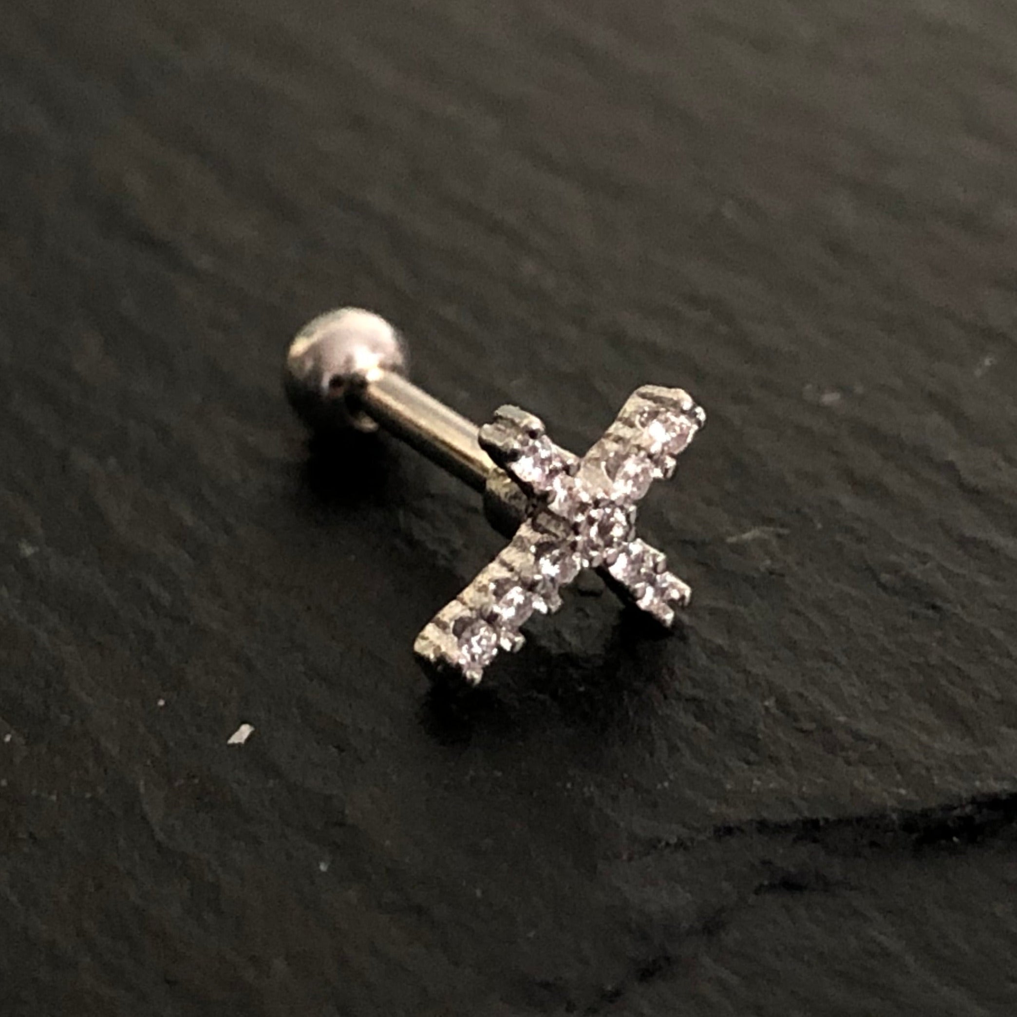 Steel barbell in cross design with crystals - CC crystal clear