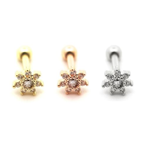 Steel 316L Barbell in Flower Design with Crystals - CC Crystal Clear
