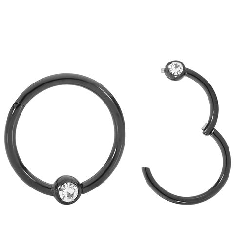 Black Steel Segment Ring Clicker - with crystal ball (3mm) in Crystal Clear - thickness 1.2mm