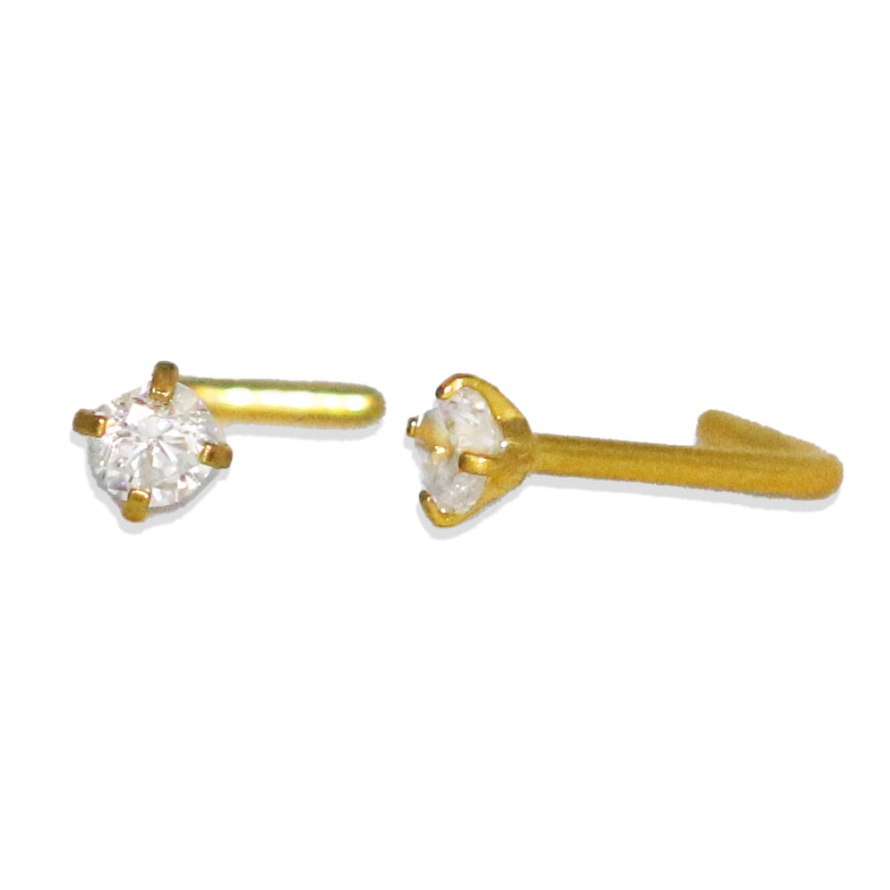 18K Gold Steel L-Form Nasenspirale mit Kristall in Krabbenfassung - CC Kristallklar - Stärke 0.8mm Länge 7mm