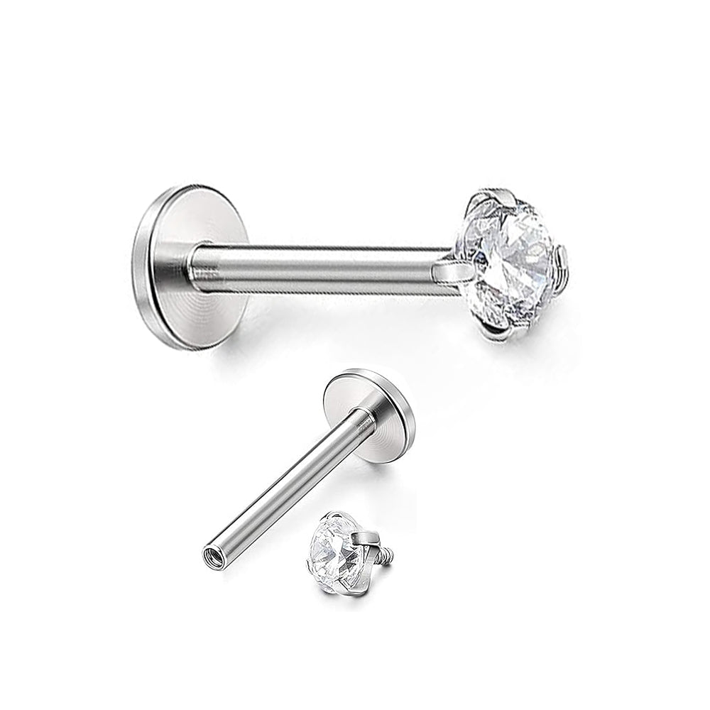 Steel 316L Labret with internal thread and round crystal in crab setting - thickness 1.2mm length 6mm