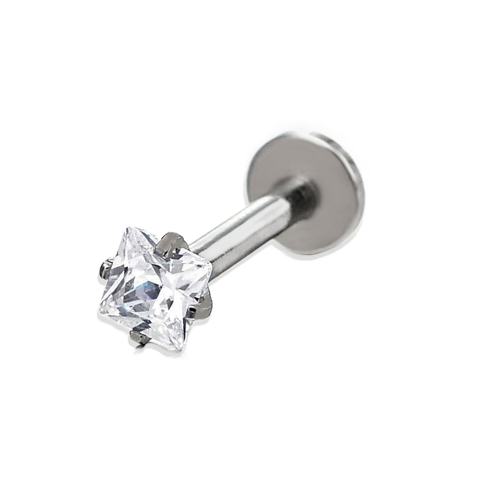 Steel 316L labret with internal thread and checkered crystal (3mm) in crab setting - thickness 1.2mm