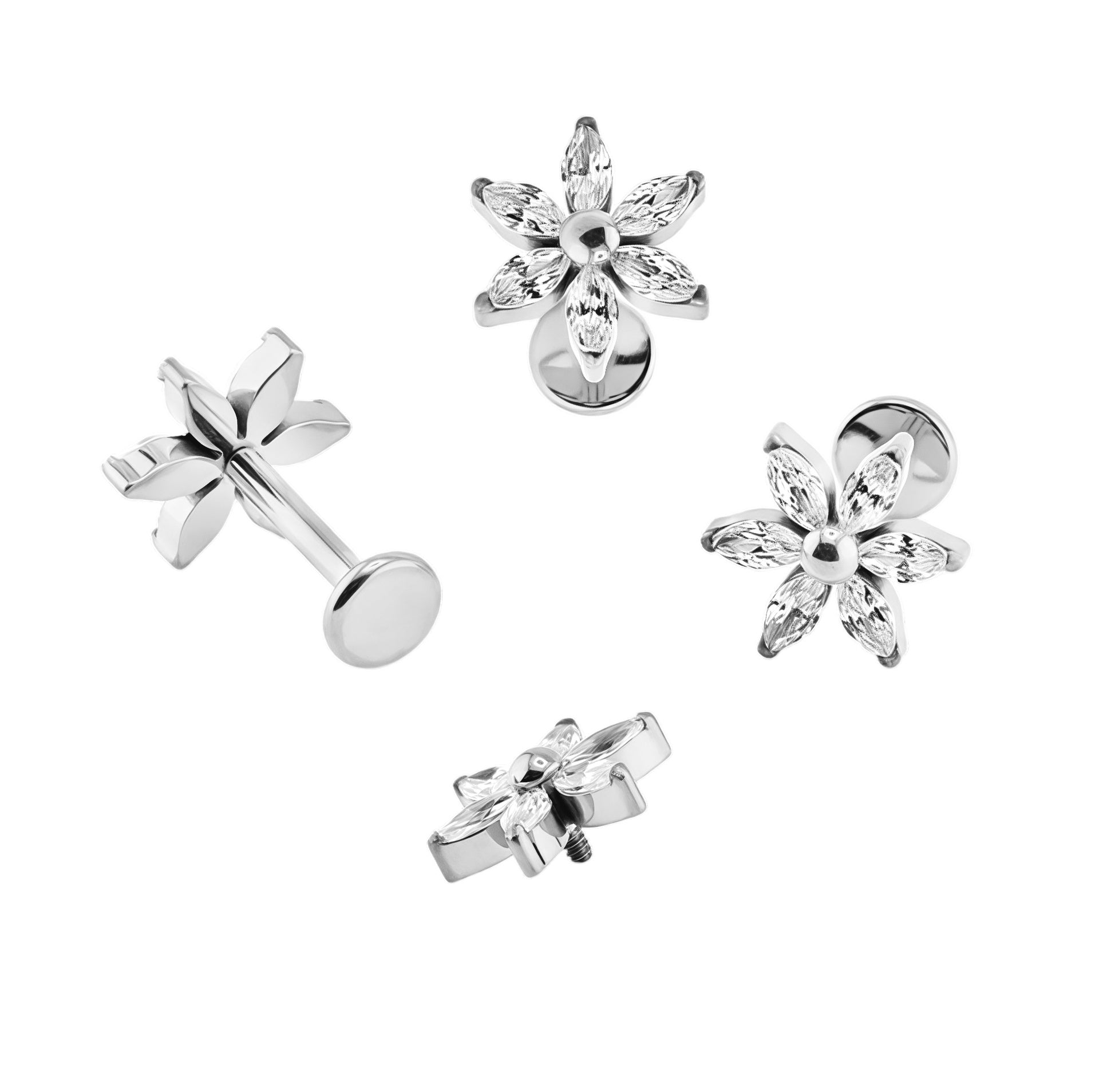 Premium Labret aus Titan G23 mit Weißgold Veredelung und Zirkonia Blüten Design - Stärke 1.2mm mit Innengewinde 0.9mm