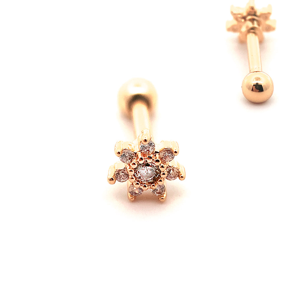 Steel 316L Barbell in Flower Design with Crystals - CC Crystal Clear