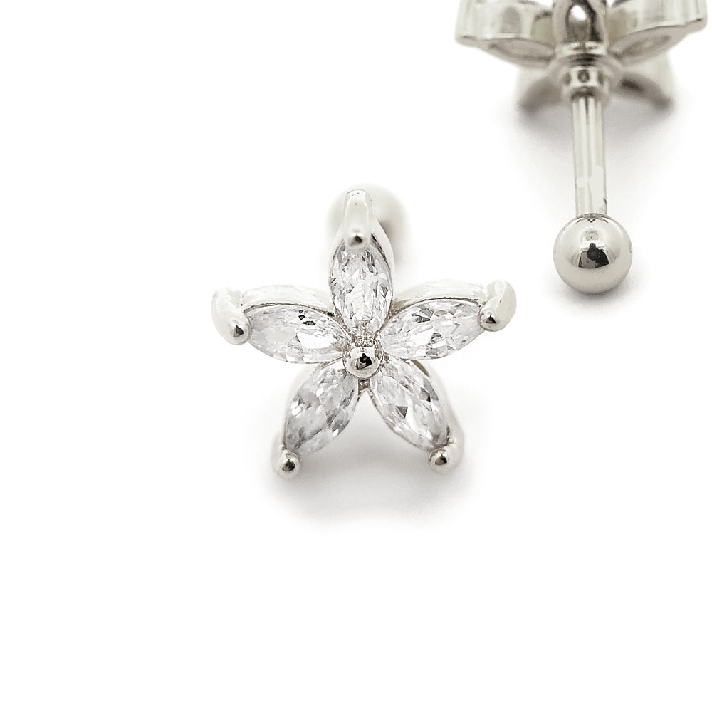 Steel 316L Barbell in Flower Design with Crystals - CC Crystal Clear