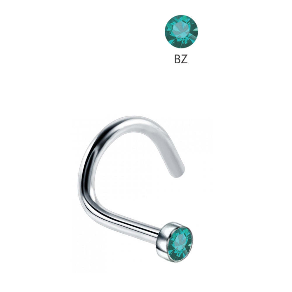 Steel 316L Nasenspirale mit Flat Disc Kristall - BZ Blue Zircon - Stärke 1.0mm Kristall 2mm