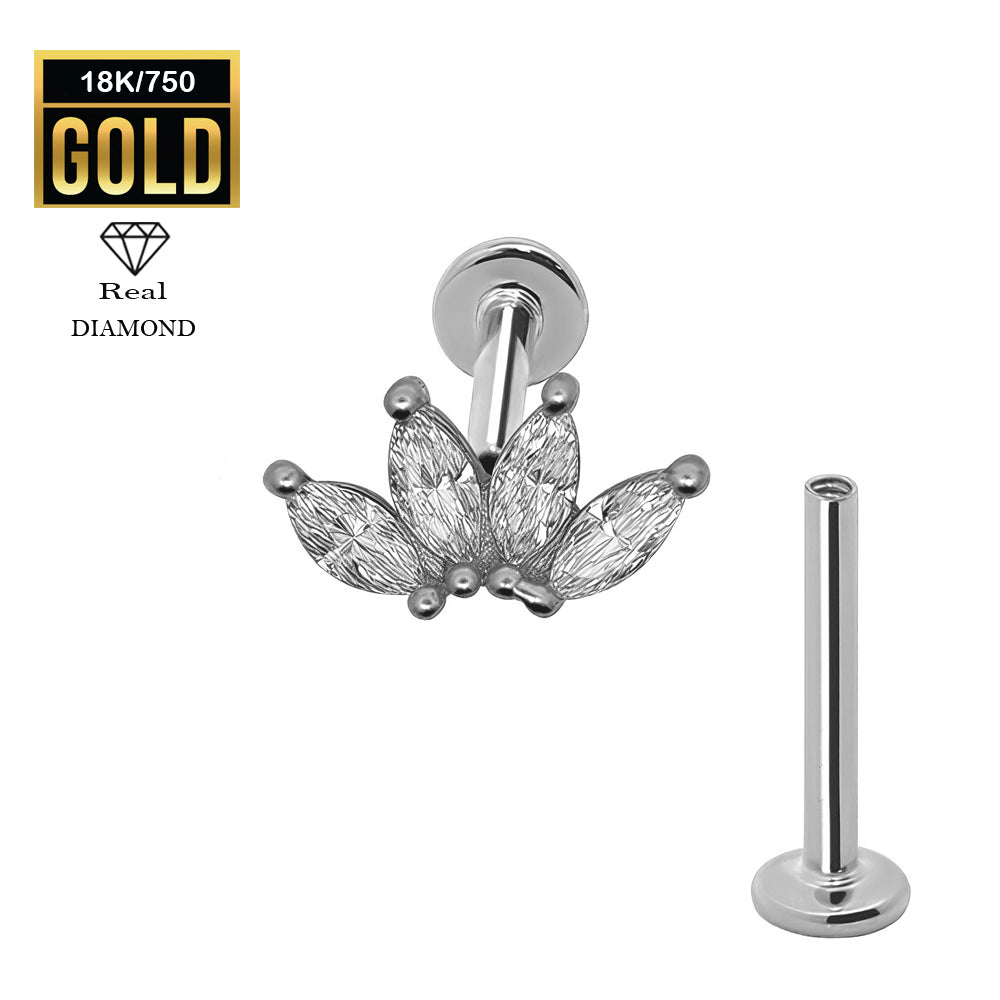 750er Echt-Weißgold (18K) Labret mit Innengewinde und Diamanten im Blumen Marquise Design - Stärke 1.2mm Länge 8mm
