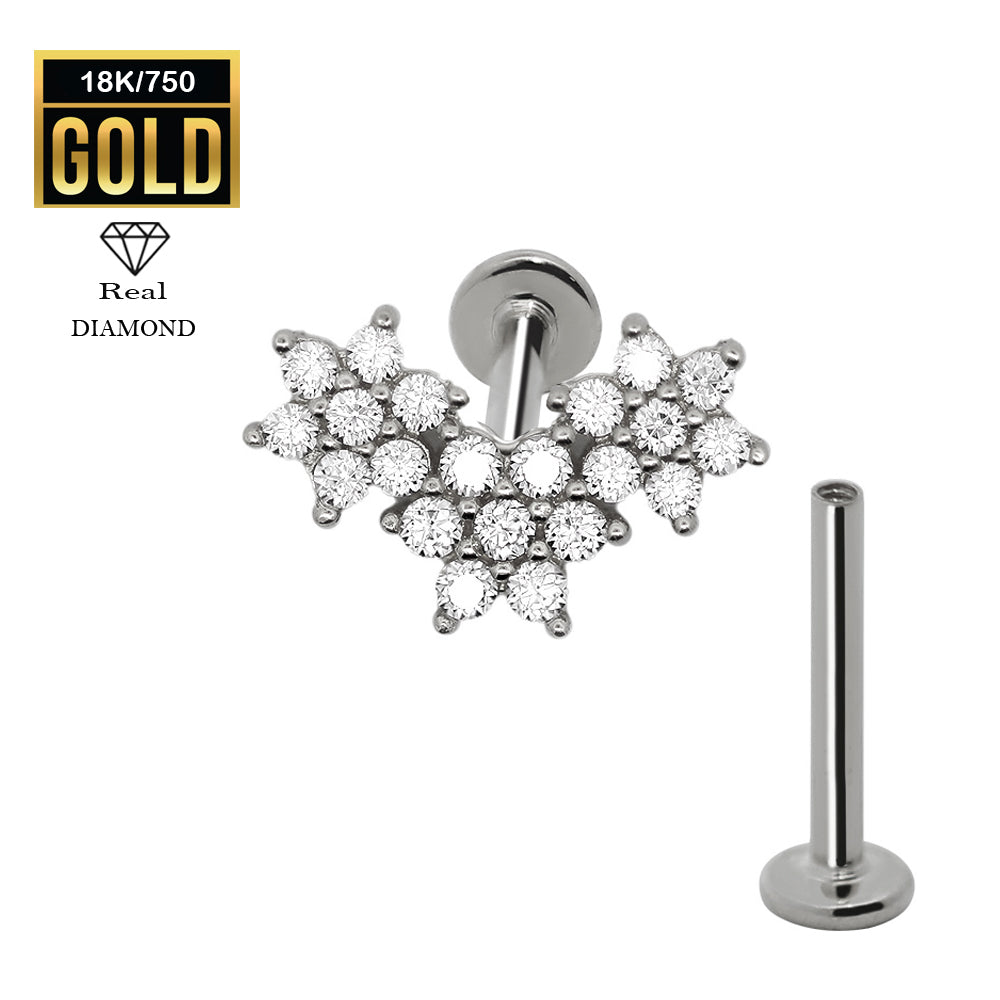 750er Echt-Weißgold (18K) Labret mit Innengewinde und Diamanten im Blumen Design - Stärke 1.2mm Länge 8mm