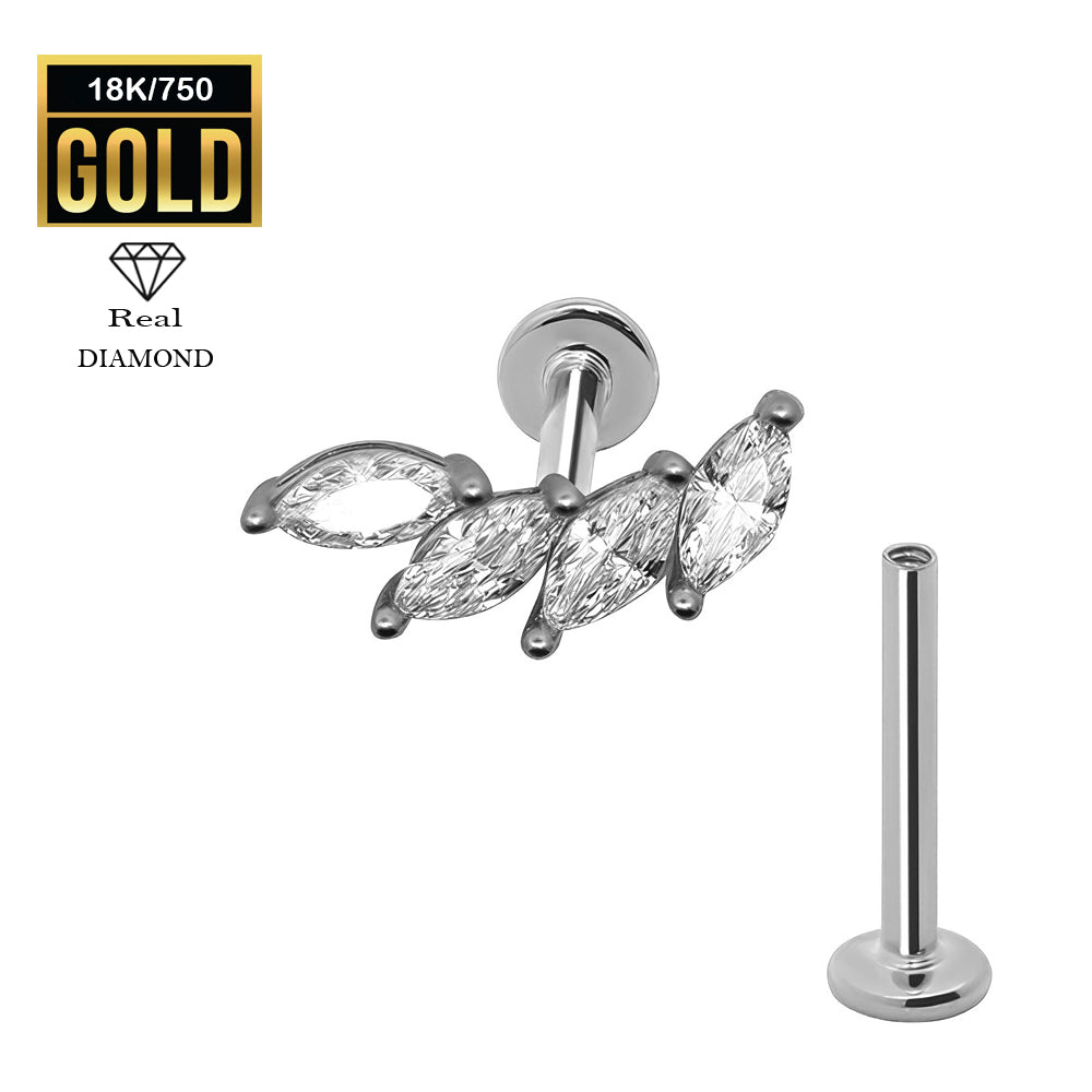 750er Echt-Weißgold (18K) Labret mit Innengewinde und Diamanten im Marquise Design - Stärke 1.2mm Länge 8mm