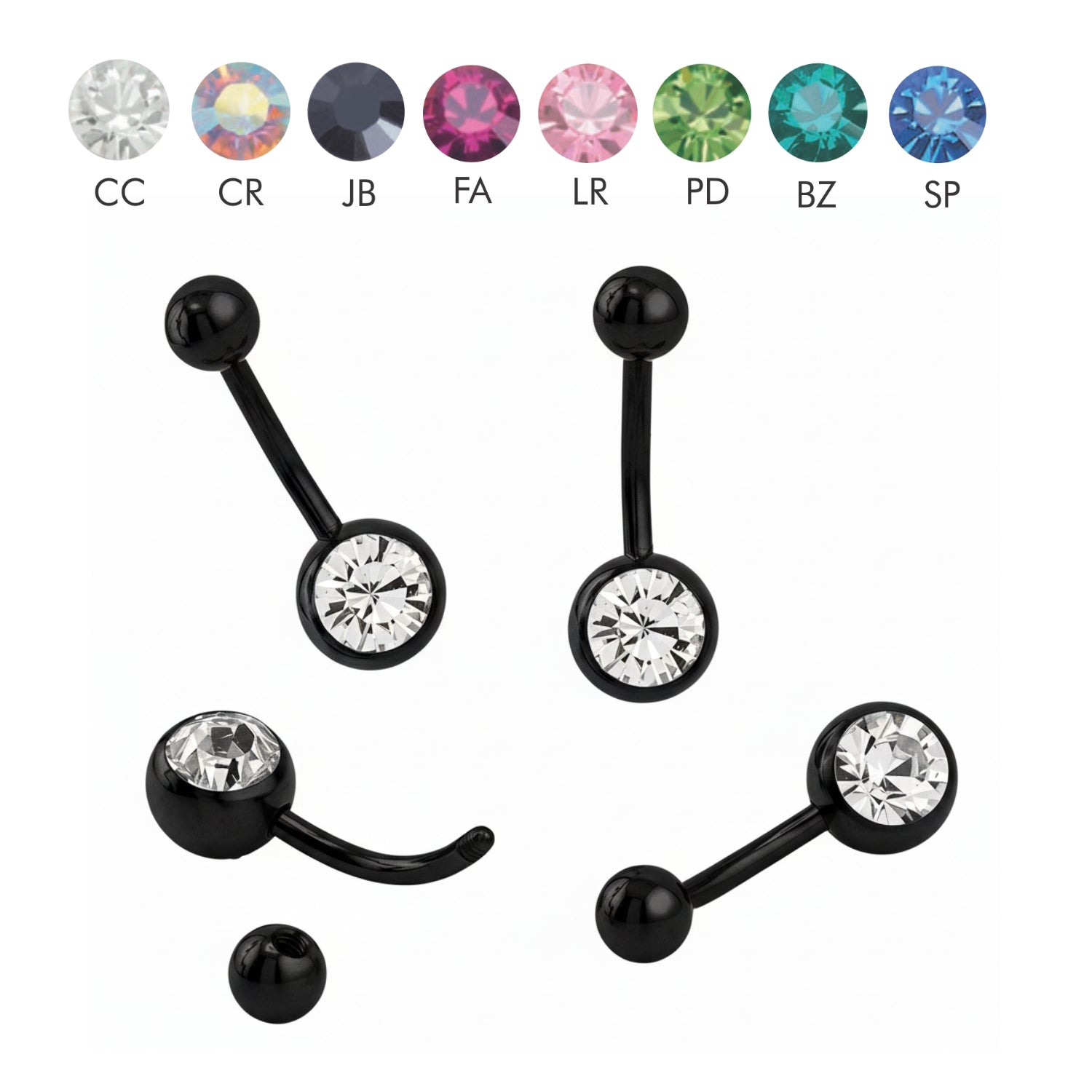 SONDERLÄNGEN Black Steel Bauchnabel Banana - Stärke 1.6mm mit 5+8mm Kugeln - Single Crystal