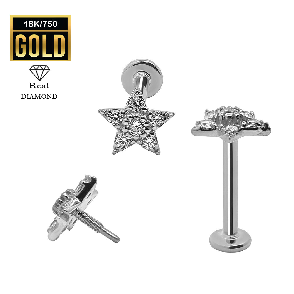 750er Echt-Weißgold (18K) Labret mit Innengewinde und Diamanten im Stern Design - Stärke 1.2mm Länge 8mm