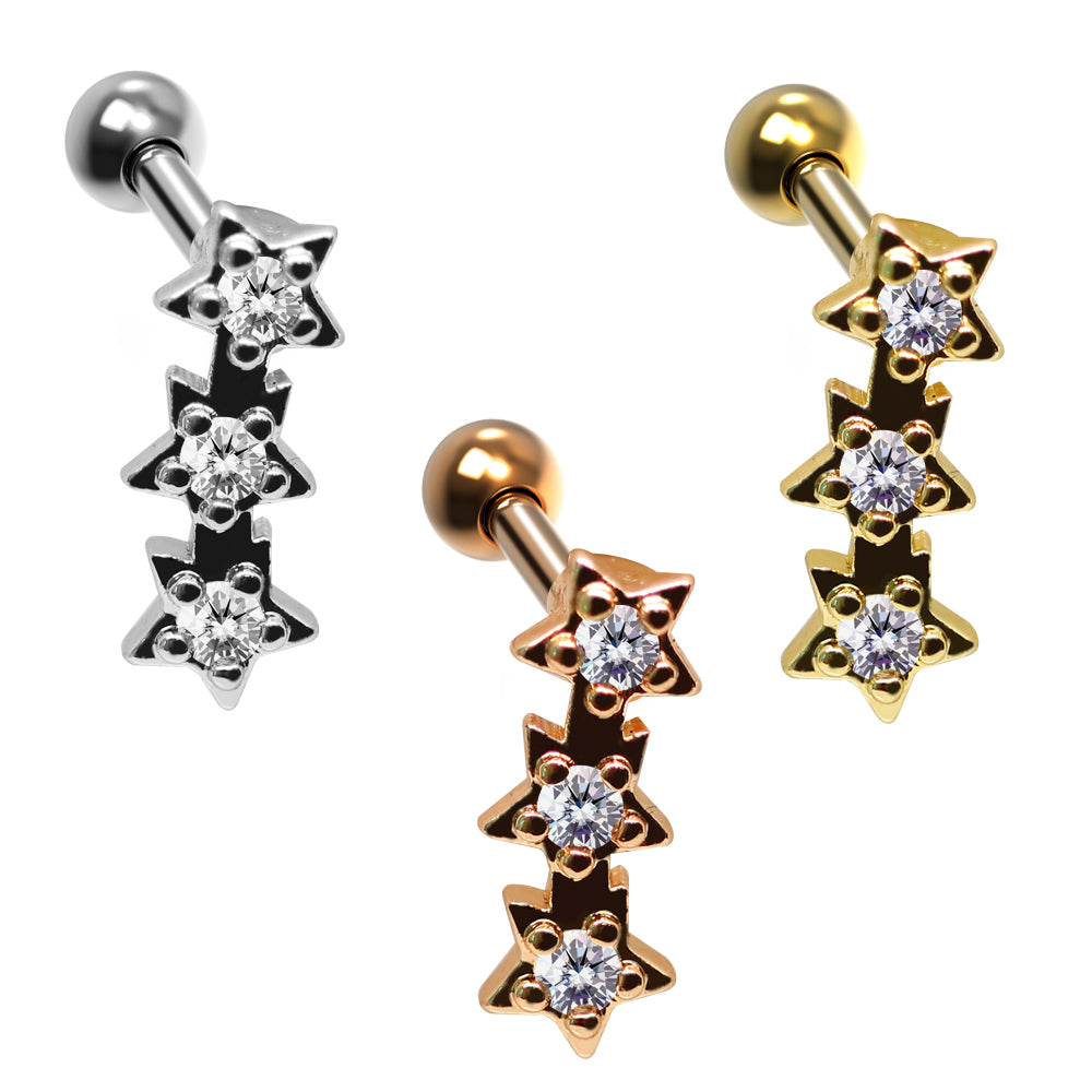 Steel 316L Barbell in Star Design with Crystals - CC Crystal Clear