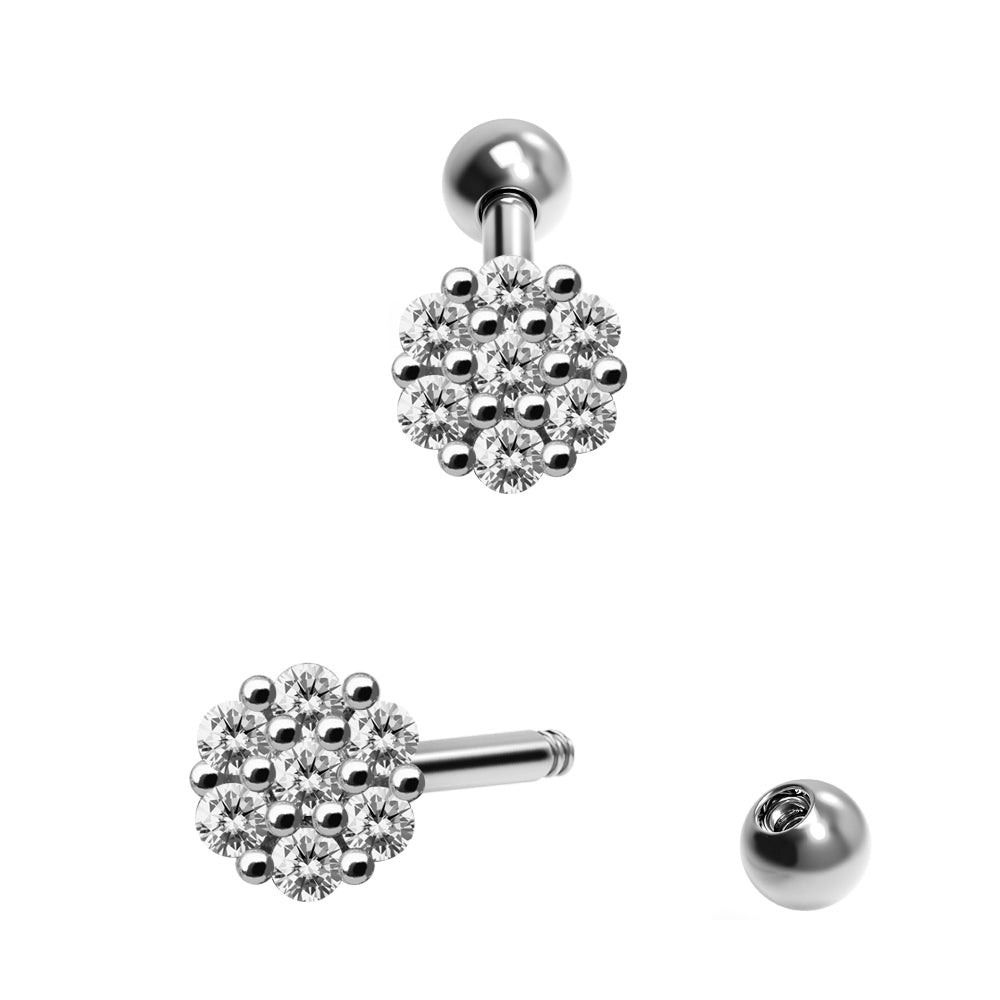 Steel 316L Barbell in Flower Design with Crystals - CC Crystal Clear