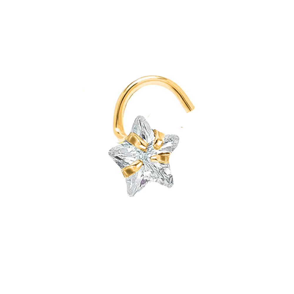 18K Gold Steel Nasenspirale mit Stern Kristall in Krabbenfassung - CC Kristallklar - Stärke 0.8mm Länge 7mm