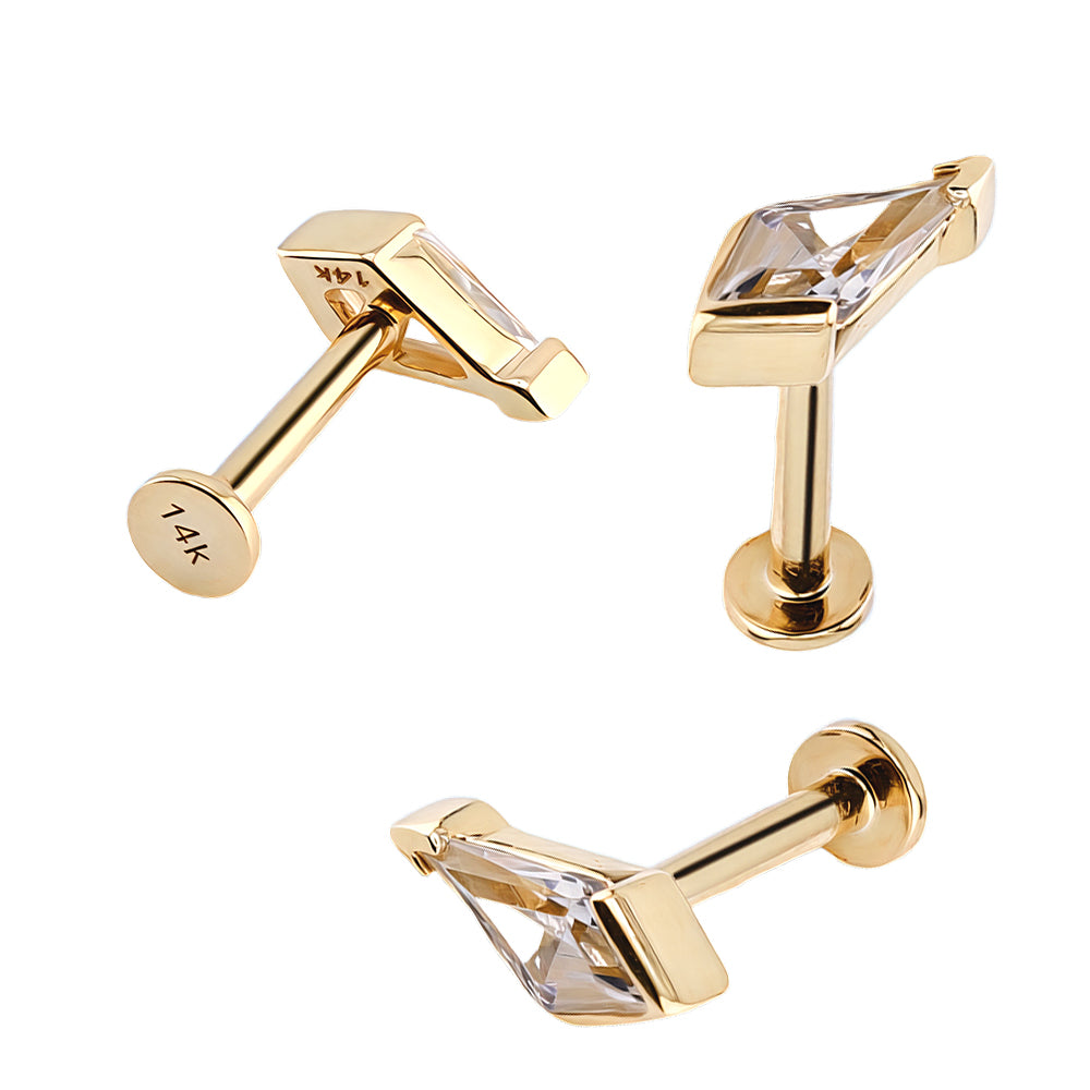 585er Echt-Gelbgold (14K) Labret mit Innengewinde und synthetischem Diamant (Bezel Setting) - Stärke 1.2mm Länge 8mm