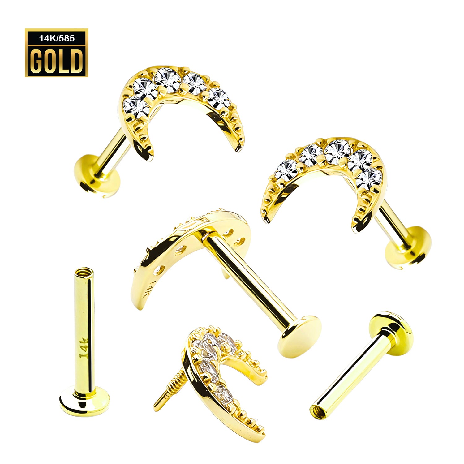 585er Echt-Gelbgold (14K) Labret mit Innengewinde und Cubic Zirkonia im Mond Design - Länge 8mm