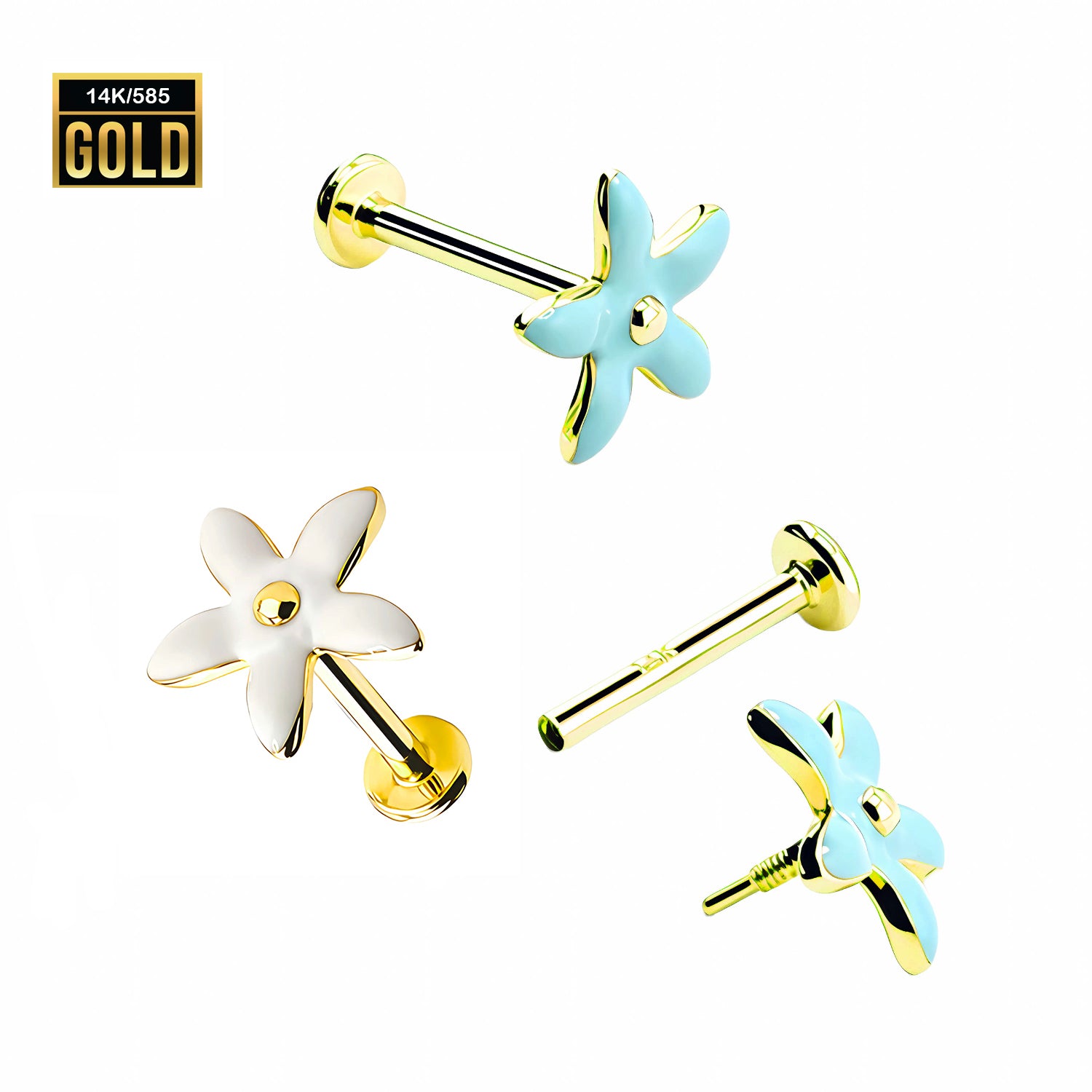 585er Echt-Gelbgold (14K) Labret mit Innengewinde und Enamel Blüten Design - Länge 8mm