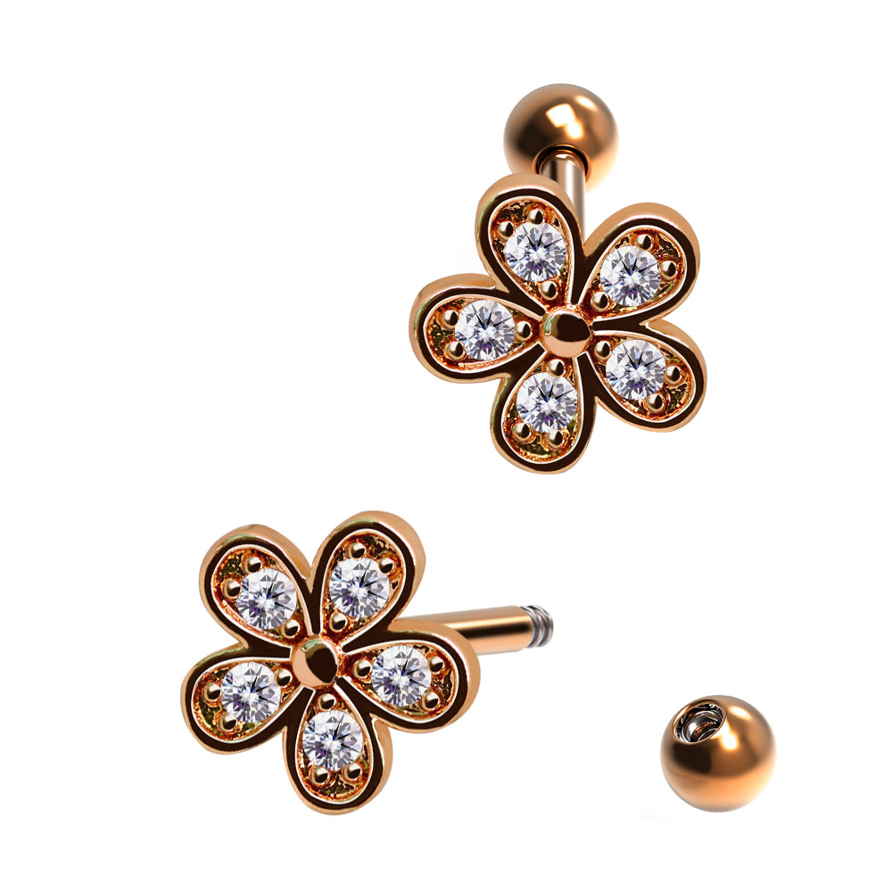 Steel 316L Barbell in Flower Design with Crystals - CC Crystal Clear