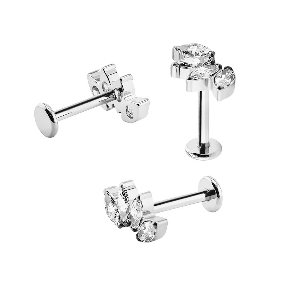 Premium Labret aus Titan G23 mit Weißgold Veredelung und Zirkonia Design - Stärke 1.2mm mit Innengewinde 0.9mm - Länge 8mm