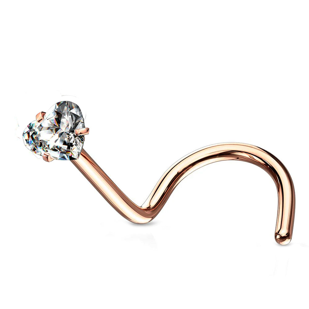 18K Rose Gold Steel Nasenspirale mit Herz Kristall in Krabbenfassung - CC Kristallklar - Stärke 0.8mm Länge 7mm