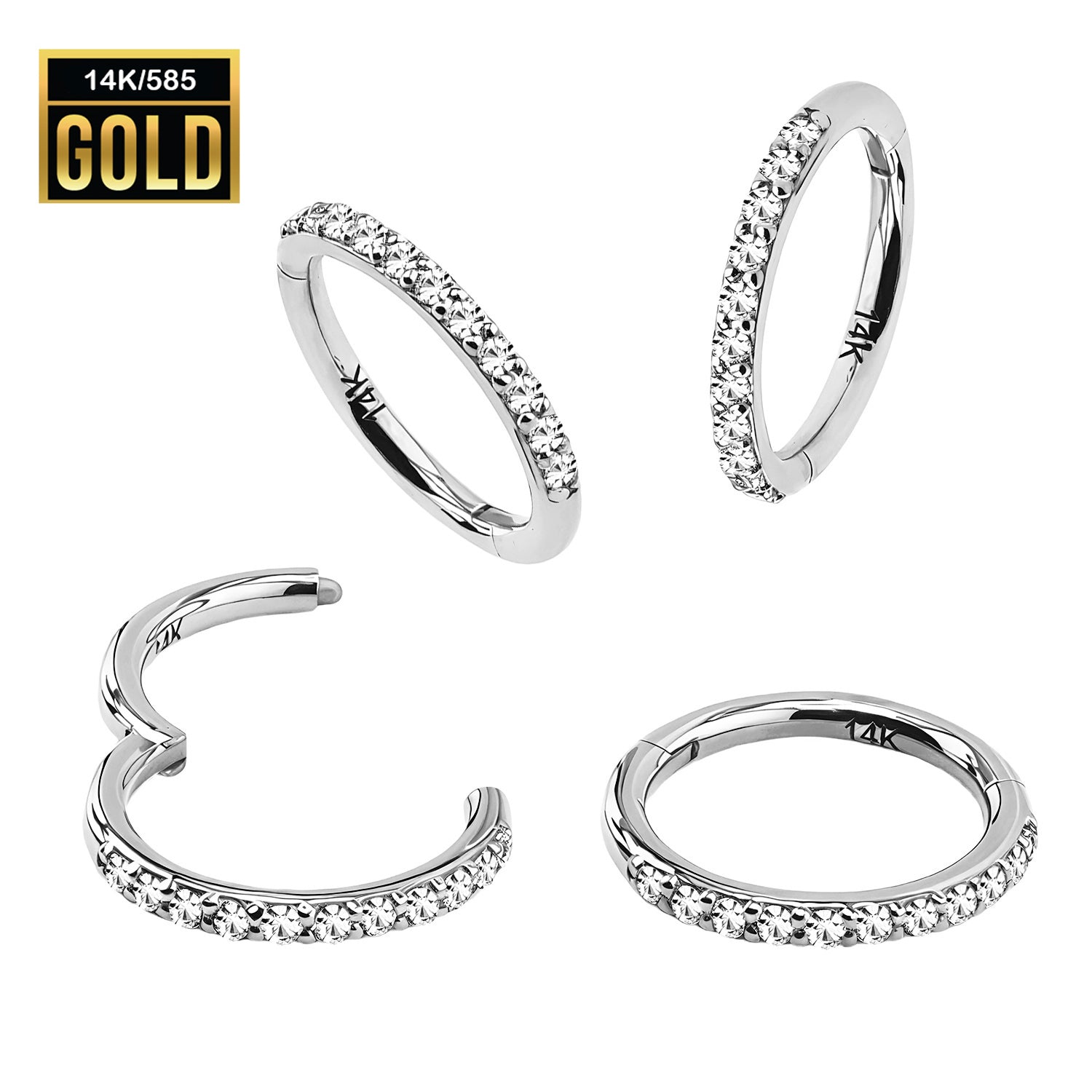 585er Echt-Weißgold (14K) Segmentring Clicker mit Cubic Zirkonia - Stärke 1.2mm
