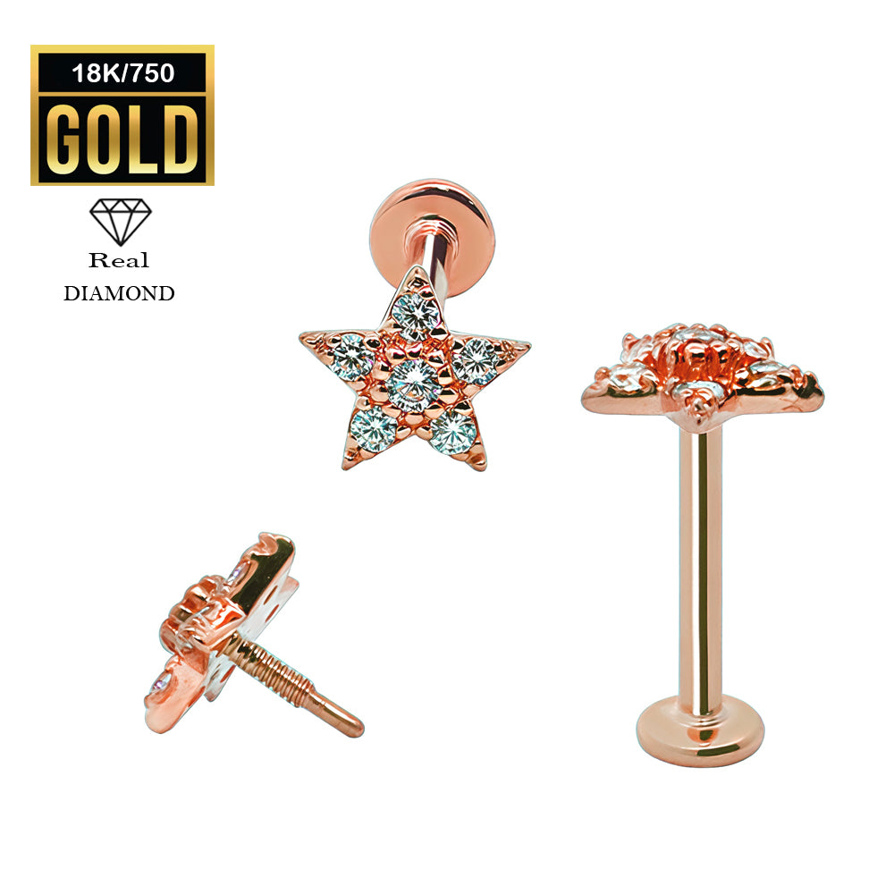750er Echt-Rosegold (18K) Labret mit Innengewinde und Diamanten im Stern Design - Stärke 1.2mm Länge 8mm