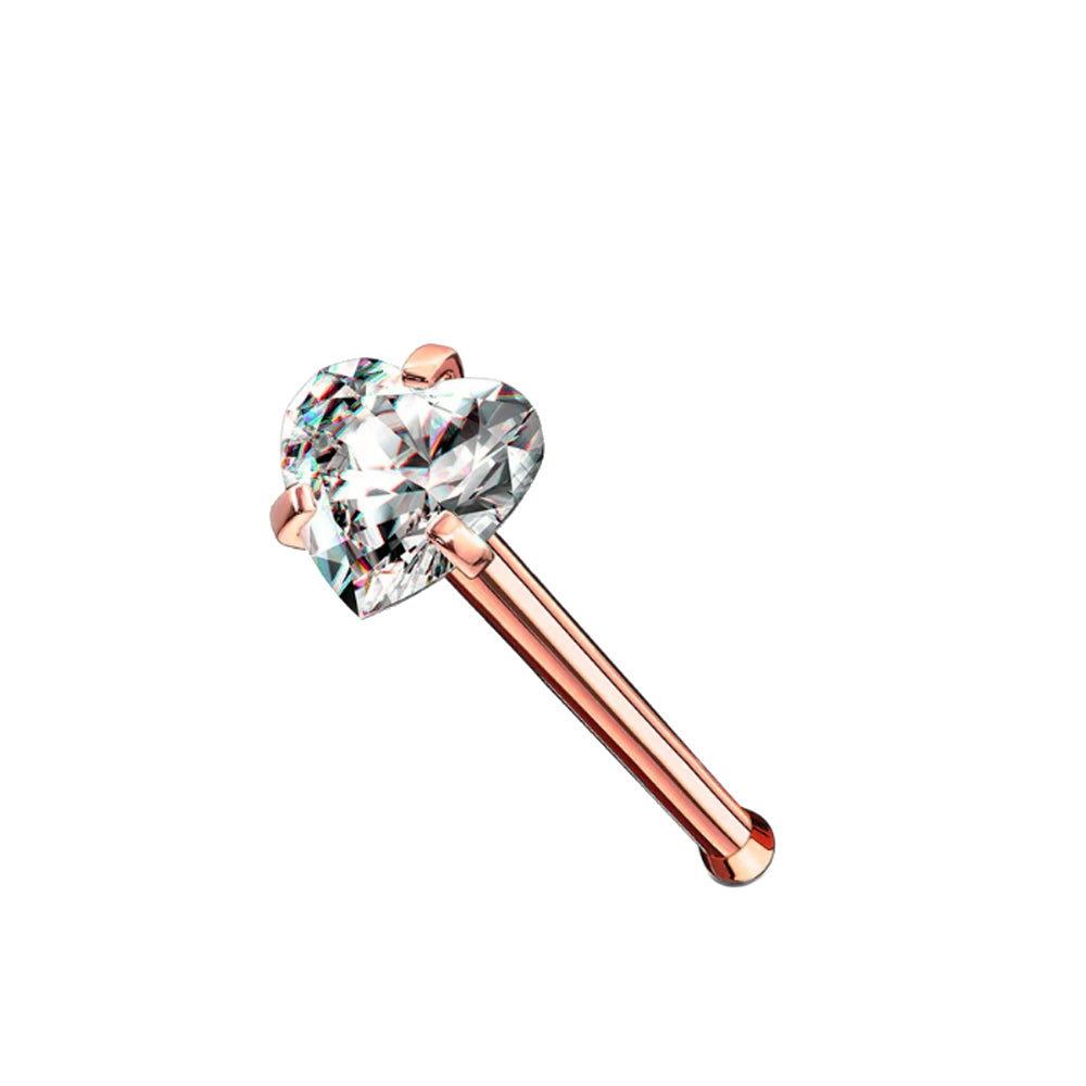 18K Rose Gold Steel Nasenstecker mit Herz Kristall in Krabbenfassung - CC Kristallklar - Stärke 0.8mm Länge 7mm