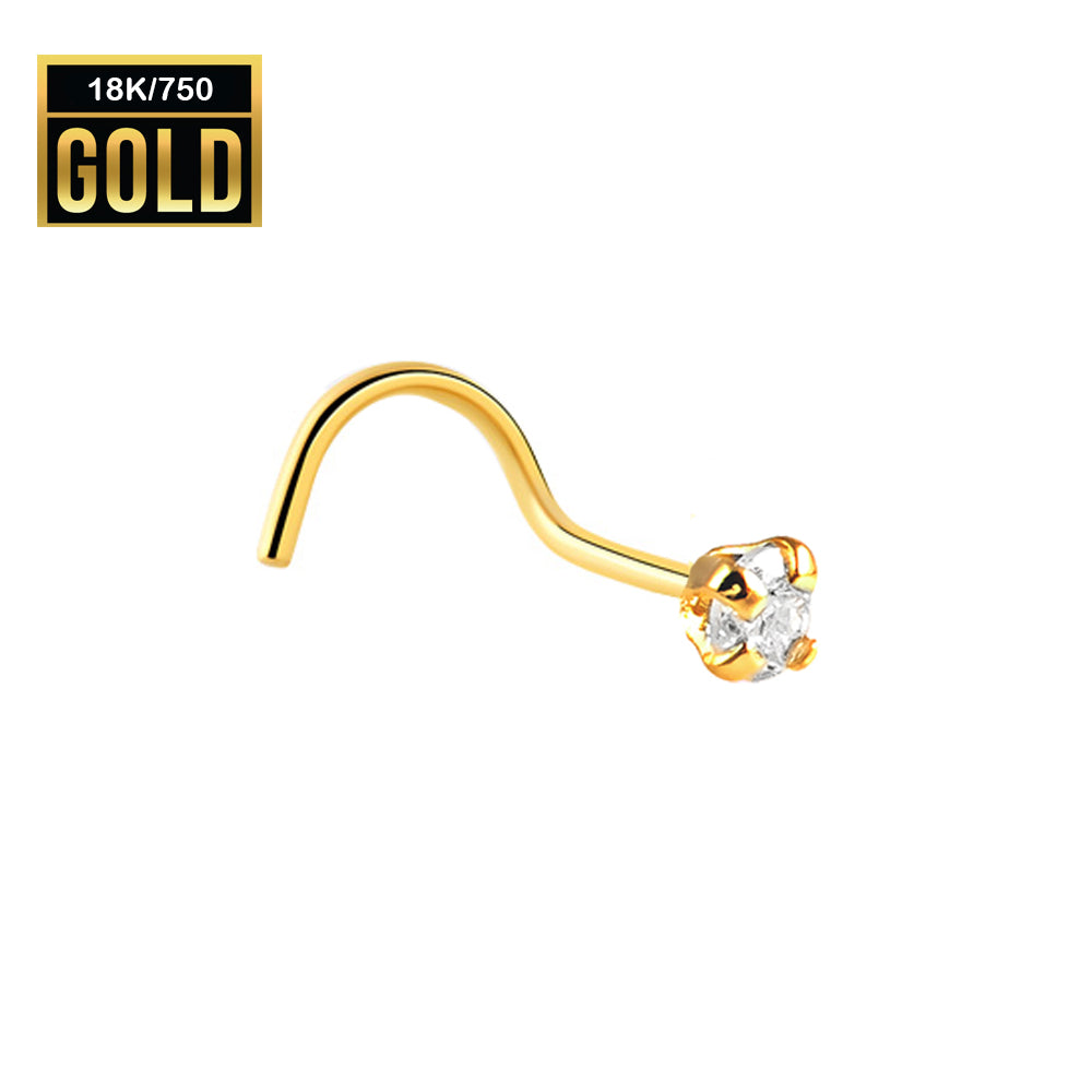 750er Echt-Gelbgold (18K) Nasenspirale mit Zirkonia Kristall - Krabbenfassung