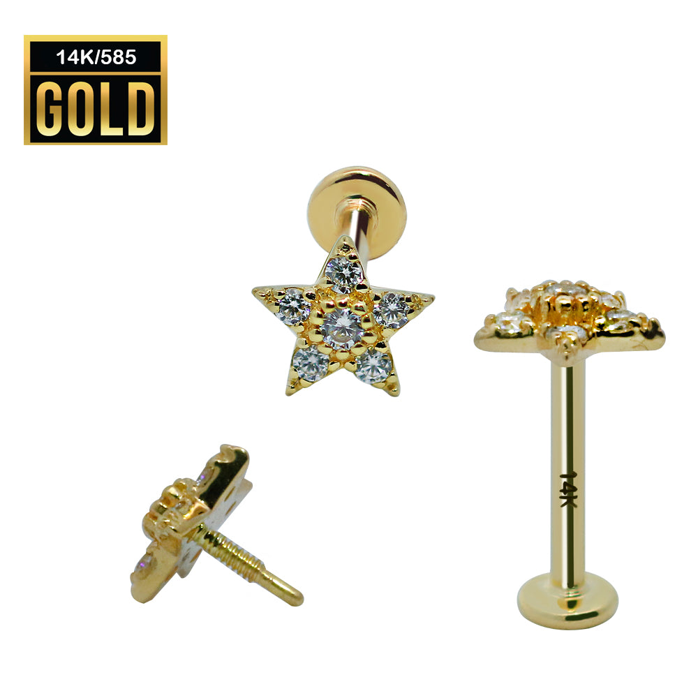 585er Echt-Gelbgold (14K) Labret mit Innengewinde und synthetischem Diamanten im Stern Design - Stärke 1.0mm Länge 8mm