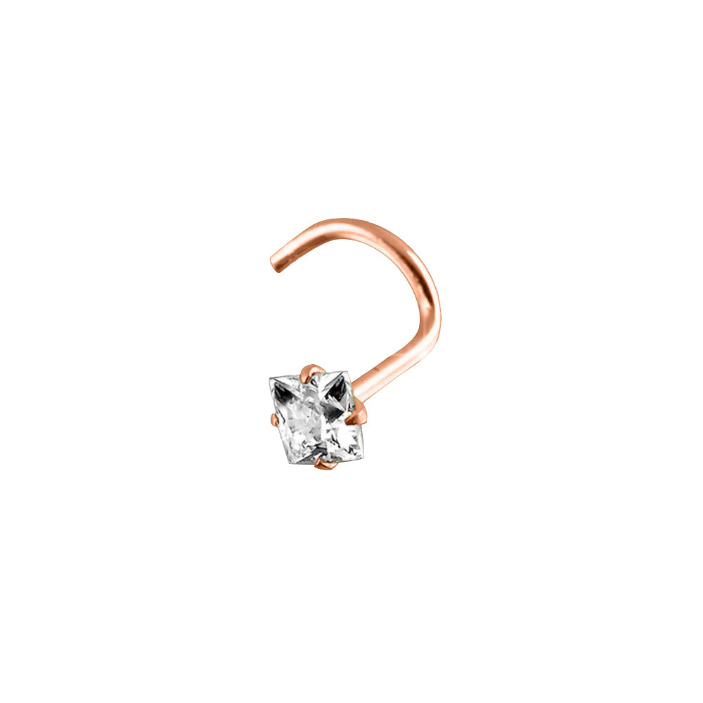 18K Rose Gold Steel Nasenspirale mit rechteckigem Kristall in Krabbenfassung - CC Kristallklar - Stärke 0.8mm Länge 7mm