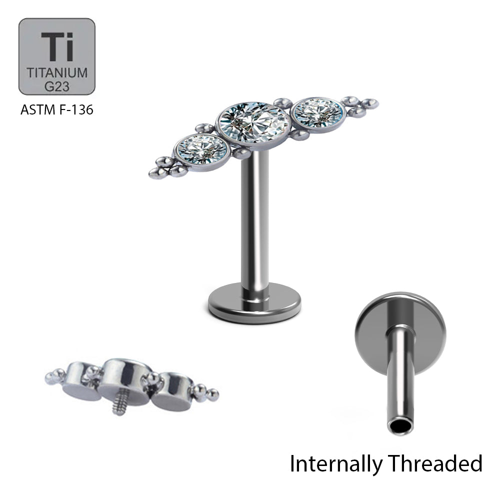 Titan G23 Labret mit Innengewinde und Cubic Zirkonia Kristallen im Tri-Bead Cluster Design - Stärke 1.2mm