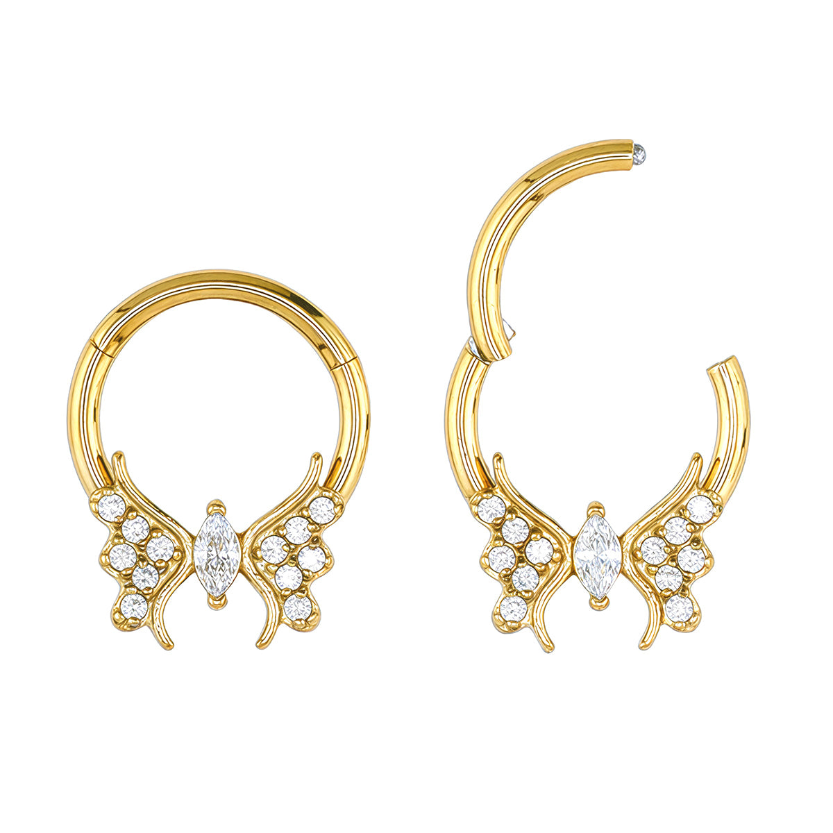 18K Gold Steel Segmentring Clicker im Schmetterling Design mit klaren Kristallen - Stärke 1.2mm