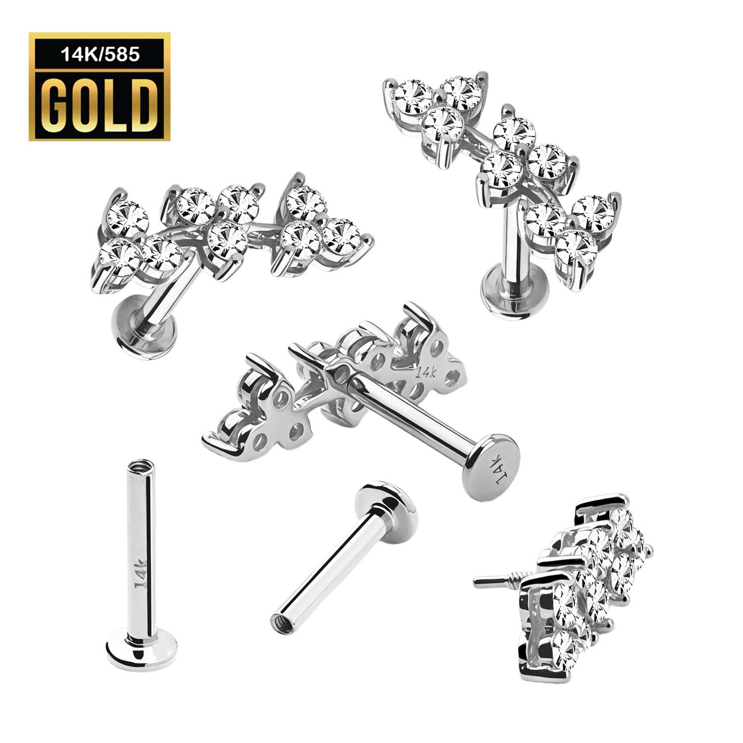 585er Echt-Weißgold (14K)Labret mit Innengewinde und Cubic Zirkonia im Blatt Design - Stärke 1.2mm Länge 8mm
