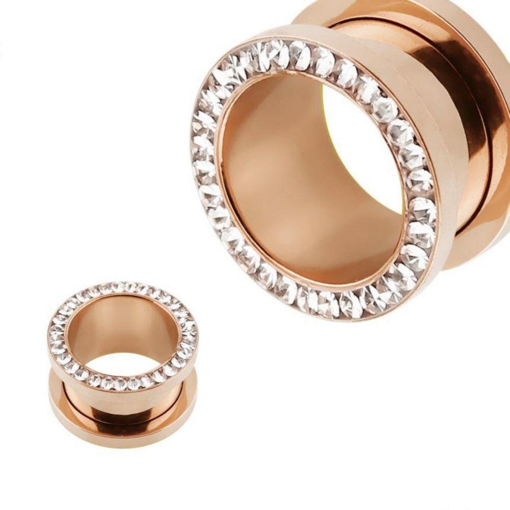 18K Rose Gold Steel Flesh Tunnel with Crystals and Epoxy Sealant - Mirror Polished