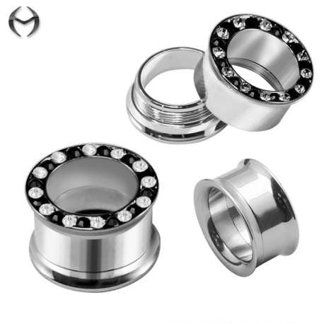 Steel Flesh Tunnel with crystals in bicolor design - mirror polished