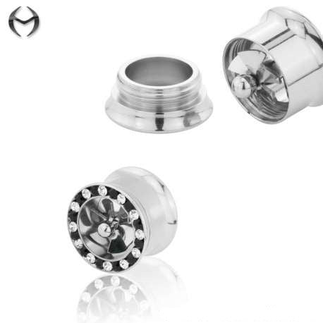 Steel Flesh Tunnel with rotating turbine and crystals in a bicolor design - mirror polished