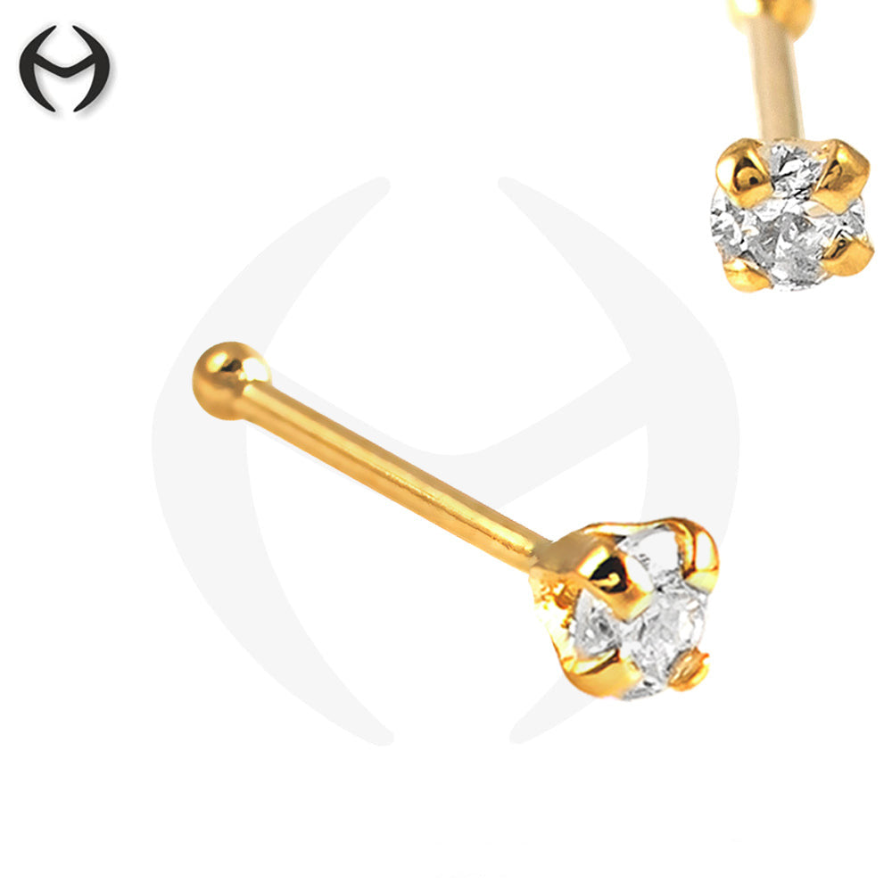 750 real yellow gold (18K) nose stud with zirconia crystal - crab setting