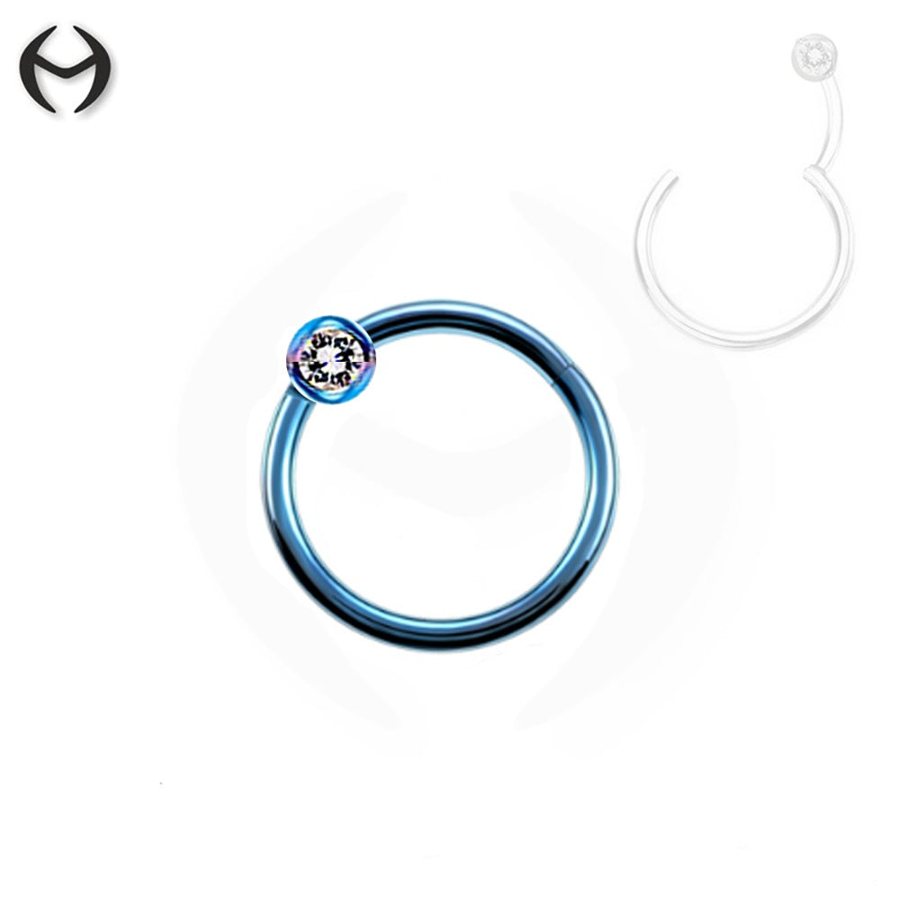 Light Blue Steel Segment Ring Clicker - with crystal ball in Crystal Clear - thickness 1.0mm