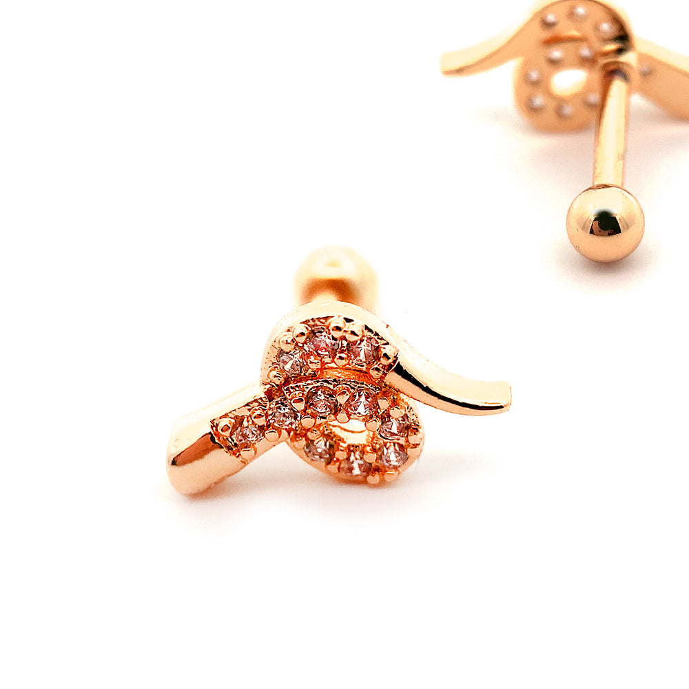18K Rose Gold Steel Barbell in Snake Design with Crystals - CC Crystal Clear