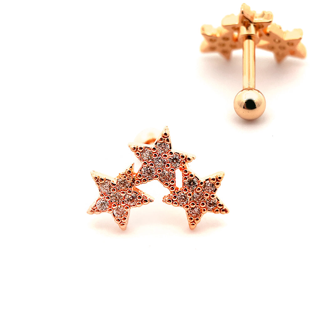 18K Rose Gold Steel Barbell in Star Design with Crystals - CC Crystal Clear