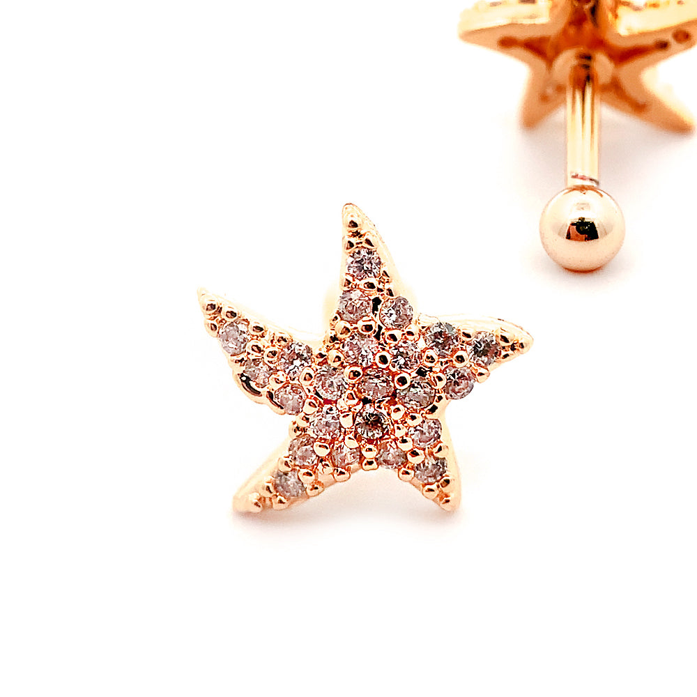 18K Rose Gold Steel Barbell in Starfish Design with Crystals - CC Crystal Clear