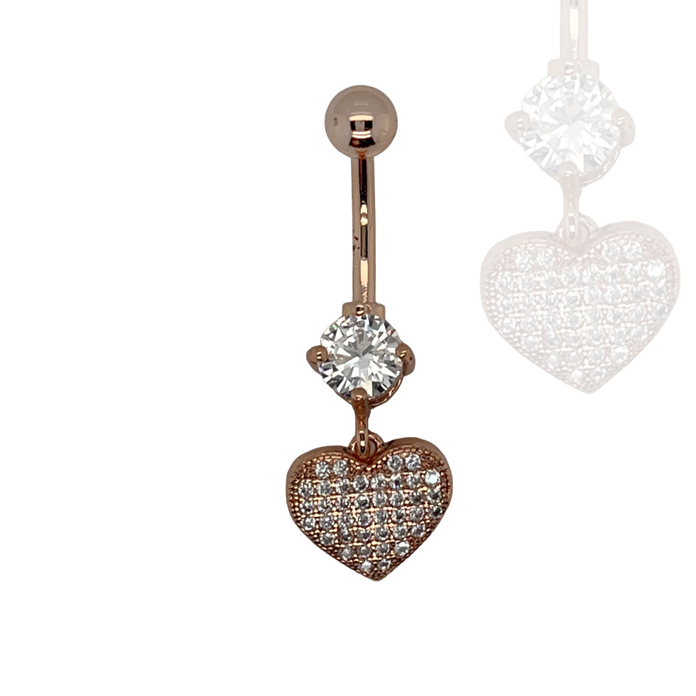 18K Rose Gold Steel Belly Button Banana in Heart Design with Crystals - CC Crystal Clear