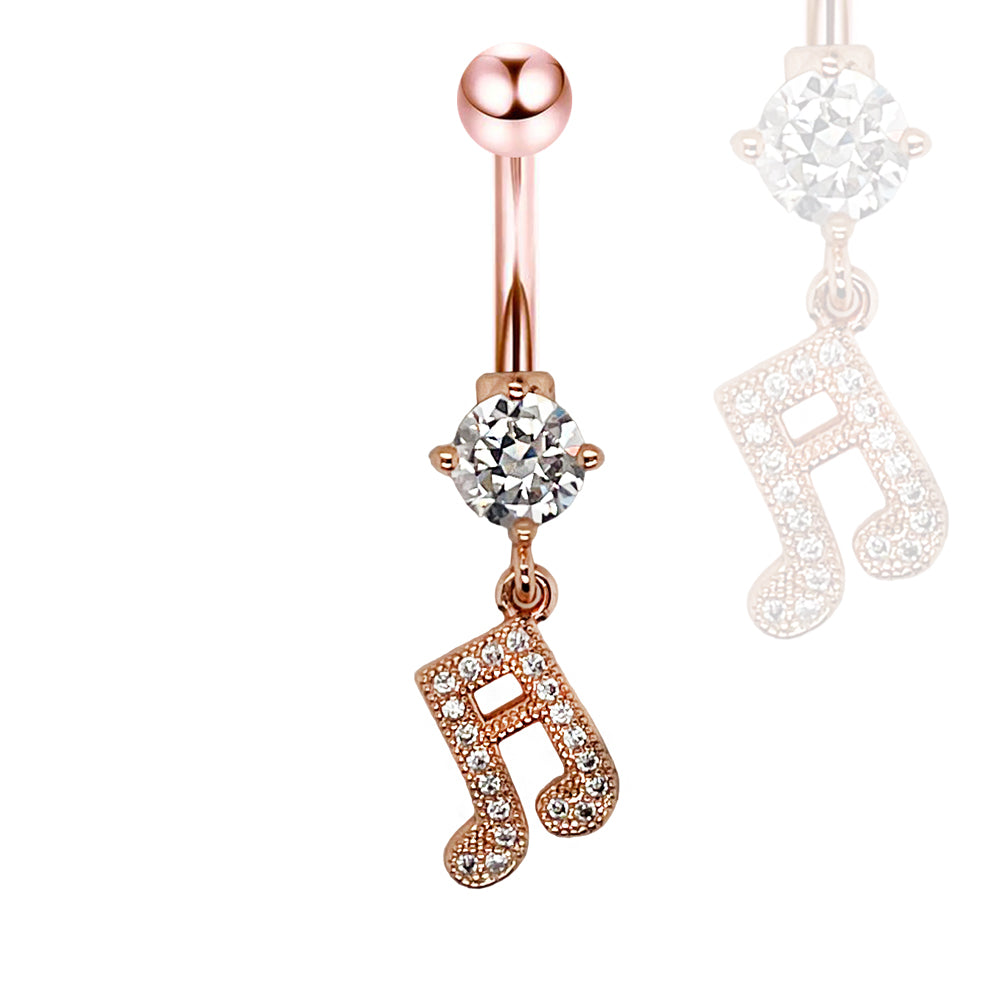 18K Rose Gold Steel Belly Button Banana in Music Notes Design with Crystals - CC Crystal Clear