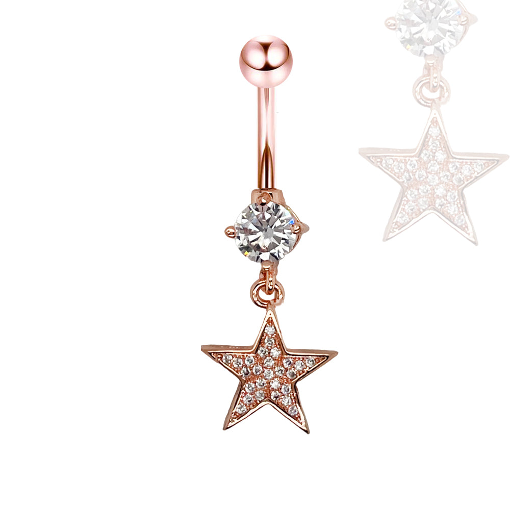 18K Rose Gold Steel Belly Button Banana in Star Design with Crystals - CC Crystal Clear
