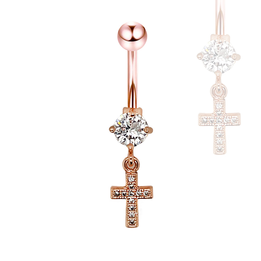 18K Rose Gold Steel Belly Button Banana in Cross Design with Crystals - CC Crystal Clear