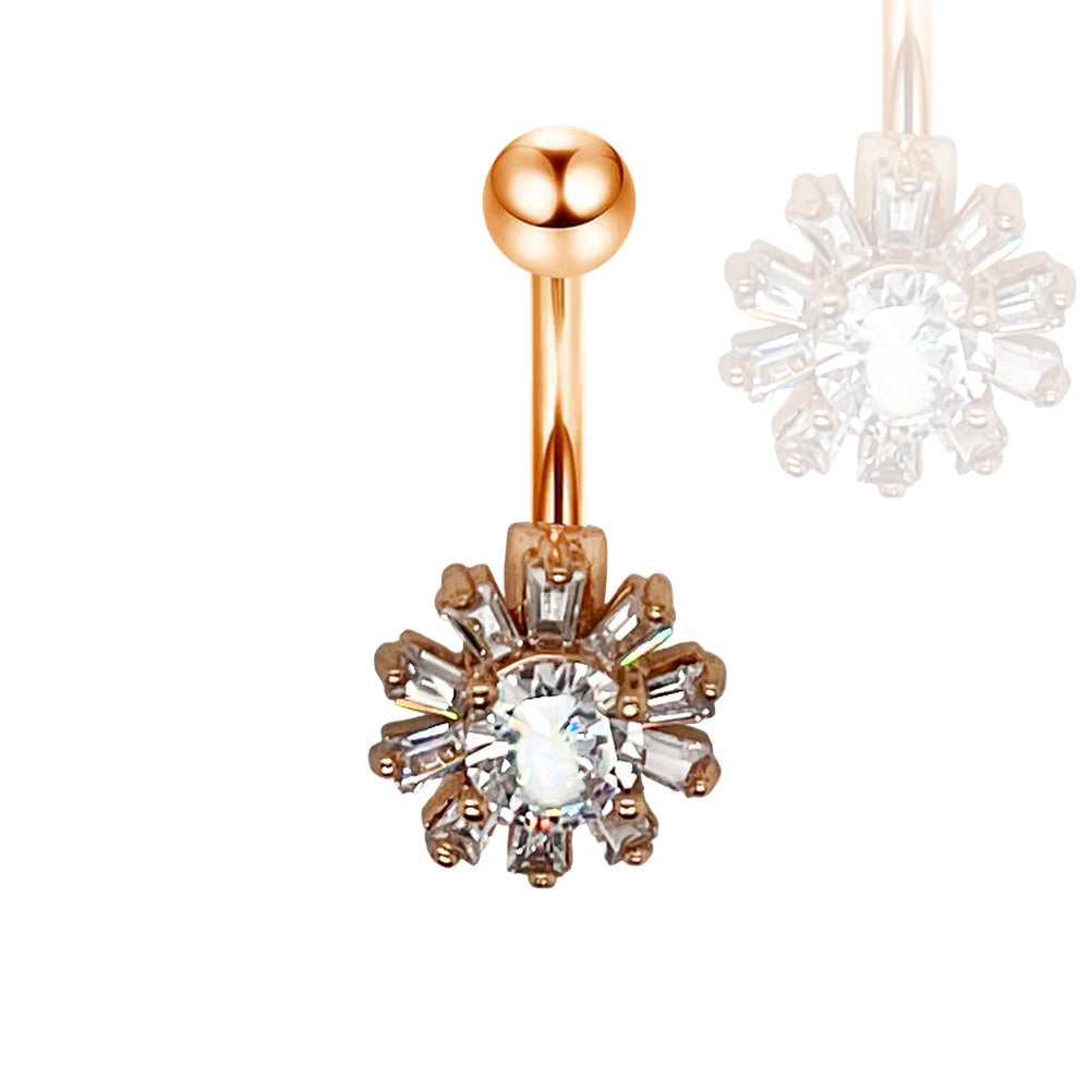 18K Rose Gold Steel Belly Button Banana in Flower Design with Crystals - CC Crystal Clear