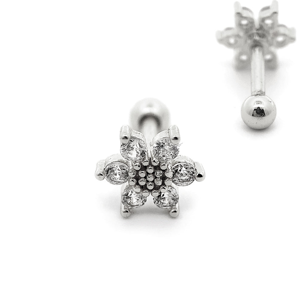 Steel barbell in flower design with crystals - CC crystal clear